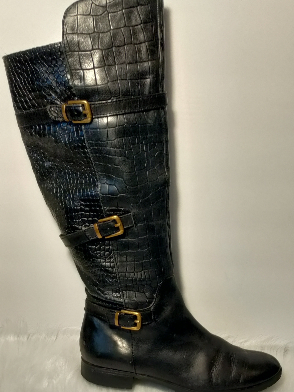 Vintage Isolá Black Leather Croc Embossed Knee High Boots Size 8